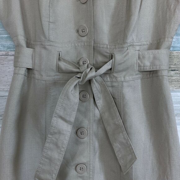 Calvin Klein Linen Tie Waist Safari Midi Shirt Dress Beige Button Down Womens 2 - Picture 4 of 10